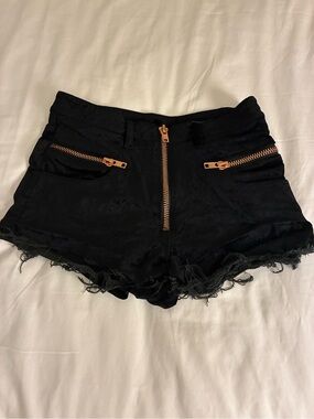 Black Distressed High-Rise Jean Shorts with Rose Gold Zippers